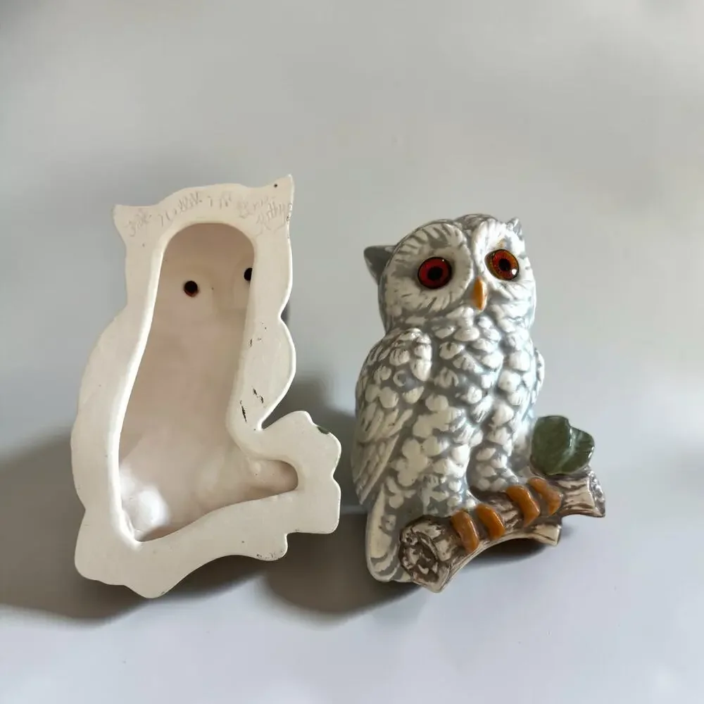 Vintage Ceramic Owl Wall Plaques Pair | Orange Amber Eyes | Mid Century Woodland